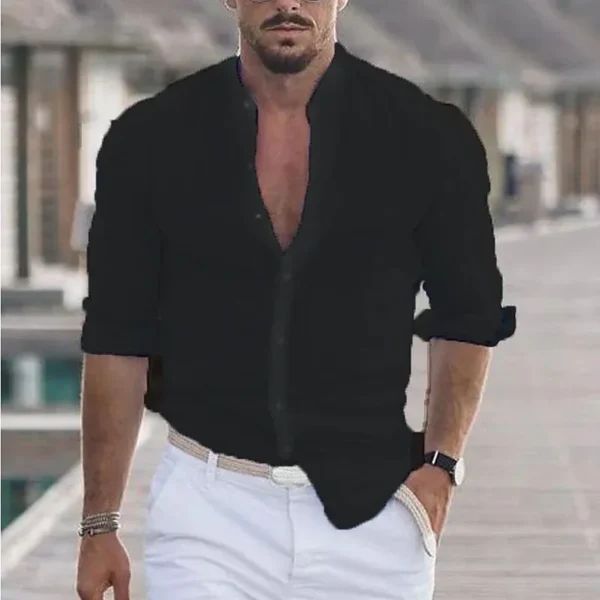 Men's Long Sleeve Shirt With Button Casual Solid Color Tops For Spring Autumn - Image 4