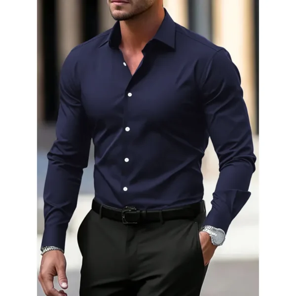 Men's Shirt Business Button Down Shirt Summer Solid Color Long Sleeve Lapel Vacation Shirt Fashion Temperament Casual Tops - Image 6
