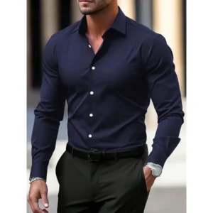 Men's Shirt Business Button Down Shirt Summer Solid Color Long Sleeve Lapel Vacation Shirt Fashion Temperament Casual Tops